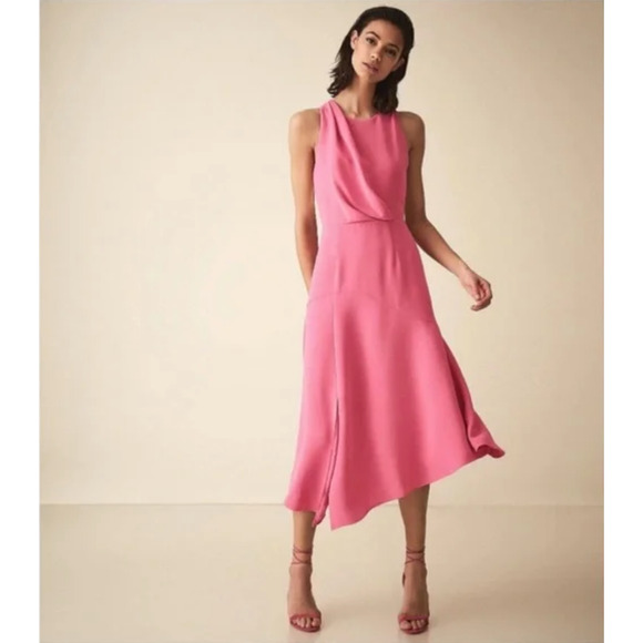 REISS Cheyenne Back-Cutout Midi Dress Bow Tie in Pink/White - Picture 2 of 16